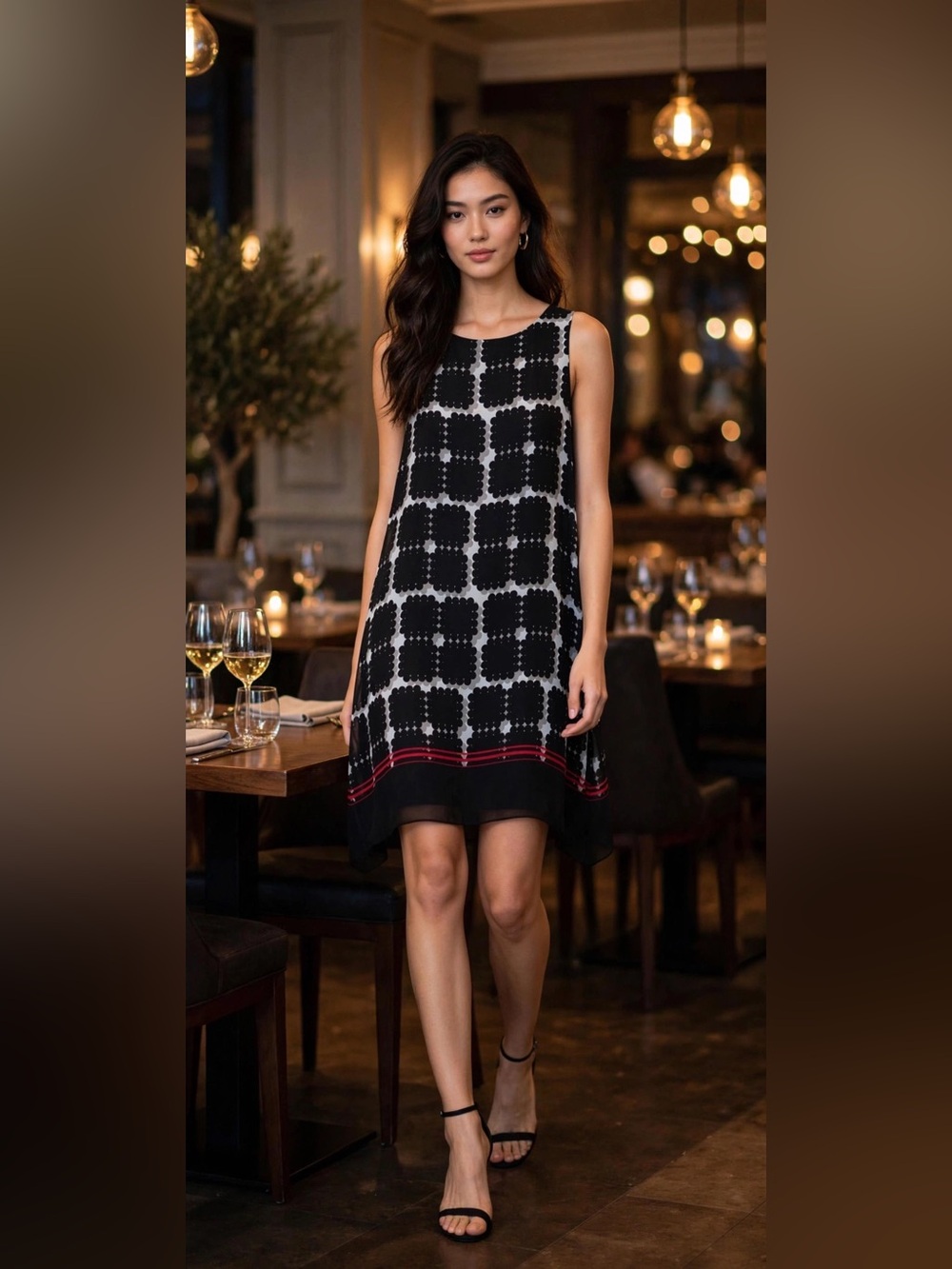 Max Studio Black, White and Red Asymmetrical Sleeveless Swing Dress
